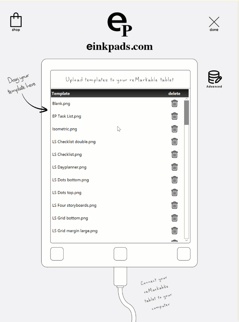 Install ReMarkable paper tablet templates with drag and drop
